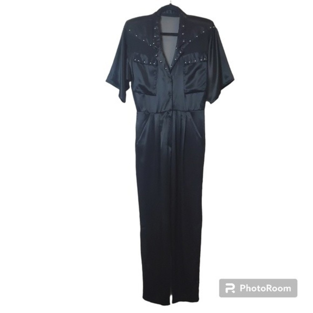 Vintage 80's black satin with studs V-neck Romper jumpsuit.